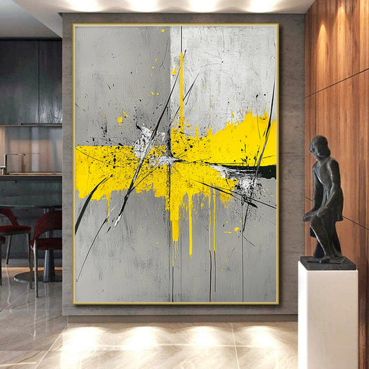 Gray, Yellow, Black, White, Splattered Cross "Dynamic Intersection" Abstract Expressionist Painting On Canvas HB058