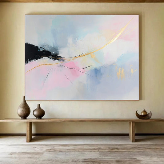 “Pastel Abstract Dream” - Pink, Blue, Gold, Soft Abstract Shapes Painting On Canvas HB0955