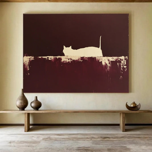 “Silhouette Cat in Brown” - Brown, White, Minimalist Cat Silhouette Painting On Canvas HB0956