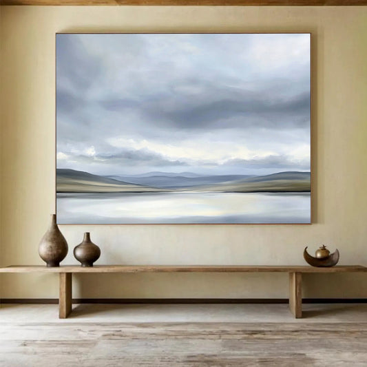 “Soft Gray Landscape” - Gray, Beige, Subtle Hills and Calm Water Painting On Canvas HB0920