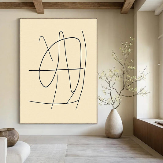 Contemporary abstract art featuring a minimalistic line drawing of the number 4 in black on beige, inspired by Matisse's style. DLZ0422