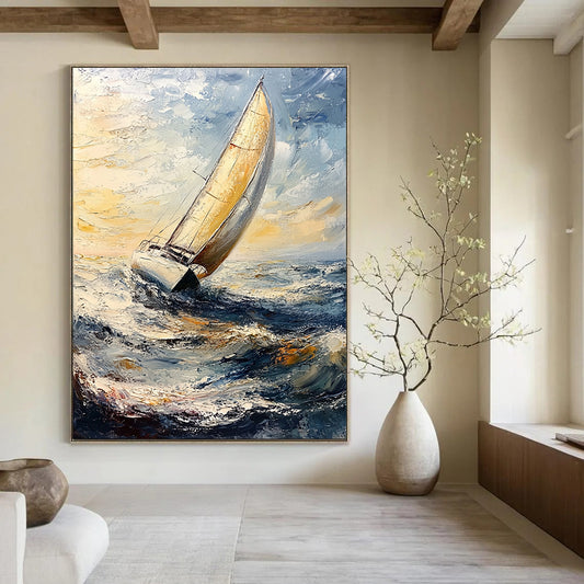 Contemporary impasto artwork depicting graceful sailboats under clear skies, featuring thick brush strokes and canvas texture, ideal for enhancing any space. DLZ1269