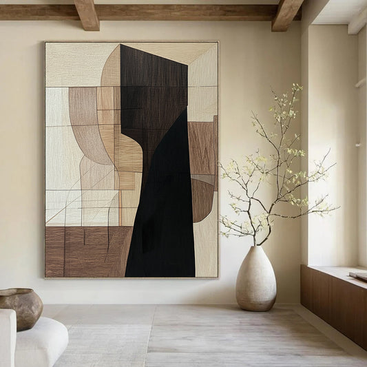 Contemporary hand-painted abstract art featuring a dominant elongated black wooden shape with earthy shades and a mysterious shadowy presence. DLZ0855