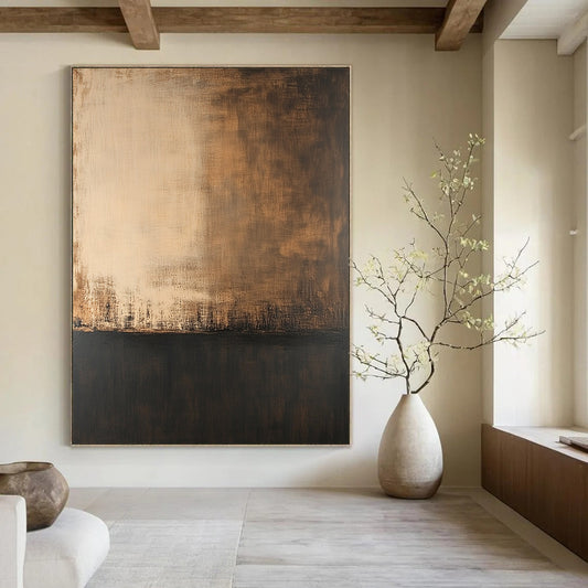 Large contemporary hand-painted abstract artwork featuring soft edges dark tones and a solid color base with a delicate transparent texture. DLZ0368