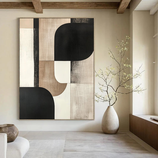 Contemporary hand-painted abstract art featuring bold shapes in black, white, beige, gray, and cream tones for a sophisticated aesthetic. DLZ0795