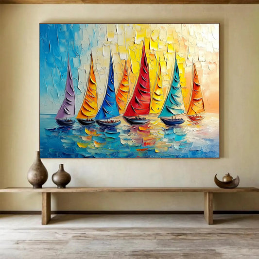 “Rainbow Sailboat Regatta” - Vivid Purples, Oranges, Blues, Colorful Sailboats - Impasto Oil Painting HB1735