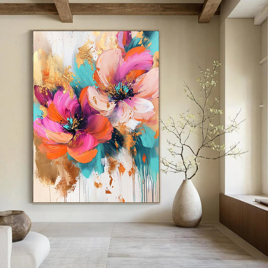 Contemporary abstract artwork featuring vibrant pink, orange, and turquoise flowers enhanced with gold leaf splashes, ideal for modern decor. DLZ1263