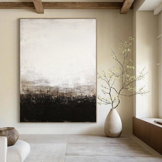 Large contemporary abstract painting features a black and white color scheme with a white-to-beige gradient and dark brown base evocative of Whistler and Rothko. DLZ0544