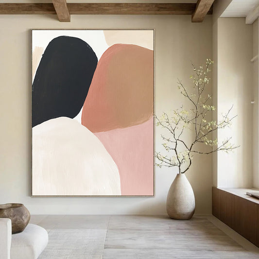 Contemporary hand-painted abstract artwork featuring earthy tones of soft pink, beige, brown, and black on a clean white background. DLZ0800