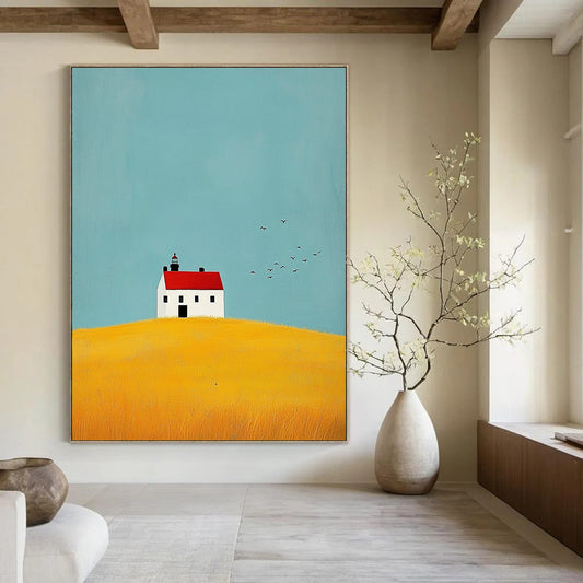 Contemporary abstract art showcasing a lighthouse, yellow fields, birds, and a white house with a red roof, conveying calmness and serenity. DLZ1298