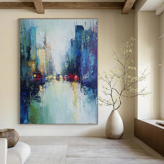 Contemporary hand-painted abstract art featuring a misty cityscape in soft greens and blues, enhanced by loose brushwork for an atmospheric effect. DLZ0604