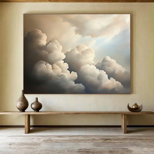 “Fluffy Clouds in Sky” - Whites, Greys, Browns, Sky Scene - Realistic Oil Painting HB1584