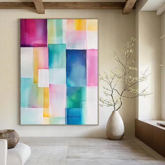 Contemporary hand-painted abstract art featuring geometric blocks of soft pink, blue, green, yellow, and white with translucent shapes and smooth edges. DLZ0911