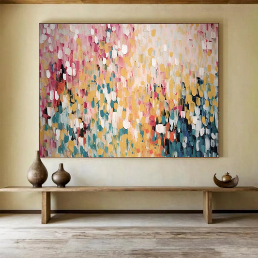 Yellow - Pink Dot Abstract - Cheerful Dining Room Art DLZ166