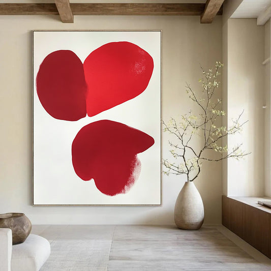 Contemporary hand-painted abstract art featuring two red hearts on a minimalistic white background inspired by Eric Carle and Jean Arp. DLZ1720