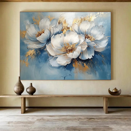 “Blue - Gold Peonies” - Blue, White, Gold with Peony Blooms - Impasto Oil Painting HB1346