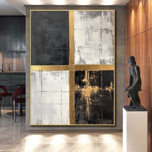 Black, White, Gold, Grid - Crossed Squares "Gilded Grid Intersection" Abstract Geometric Painting On Canvas HB161