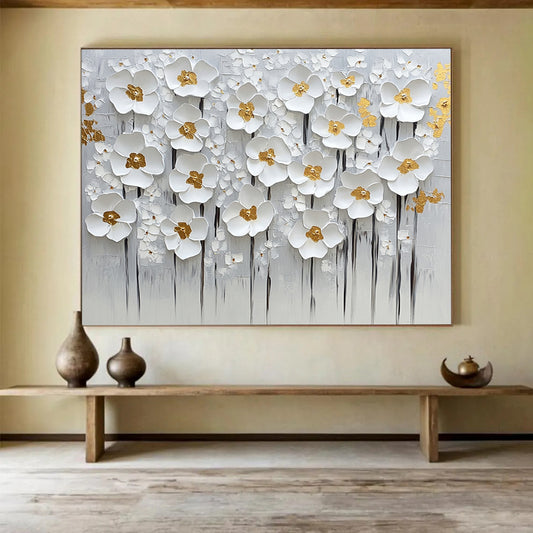 “Elegant White Flowers with Gold Centers” - White, gold, gray; 3D white flowers with gold centers on a gray - textured background; Mixed Media Painting On Canvas HB1199