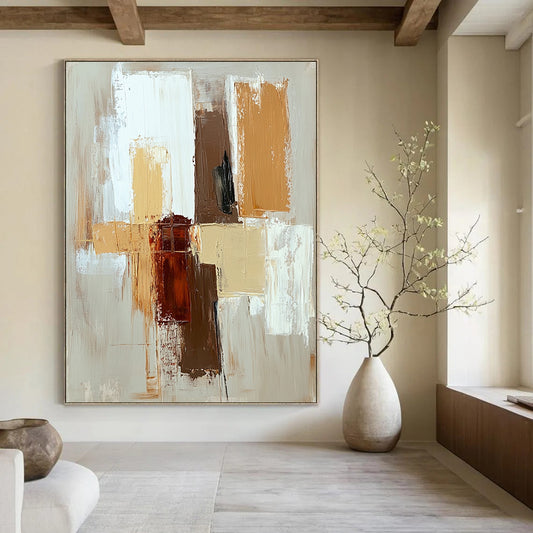Contemporary hand-painted abstract artwork featuring a minimalistic design with beige brown and white brush strokes for a serene aesthetic. DLZ1020