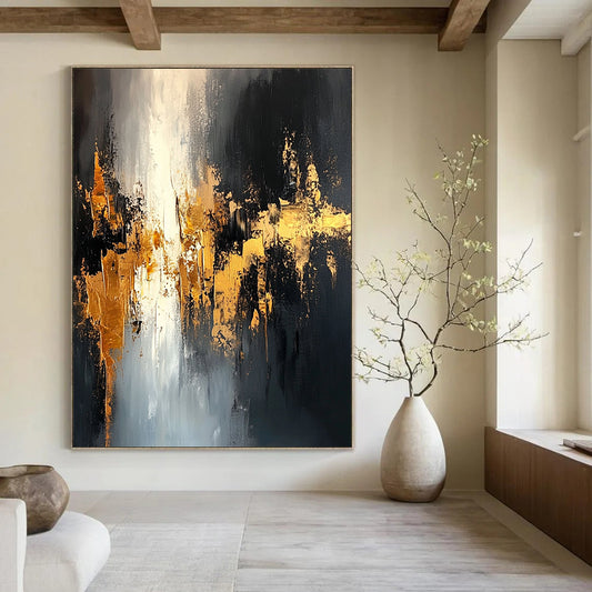 Contemporary hand-painted abstract art featuring black and gold tones with dynamic brushstrokes creating a mysterious urban landscape and intricate depth. DLZ0699