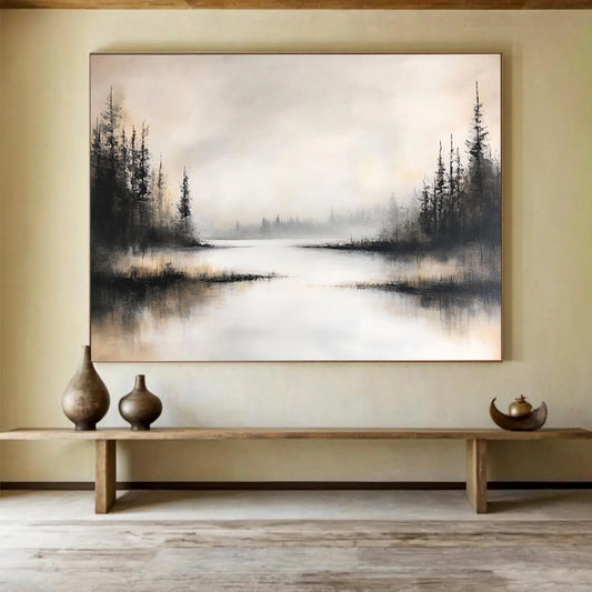 “Foggy Forest Lake” - Black, White, Gray, Silhouetted Trees and Misty Water Painting On Canvas HB0918
