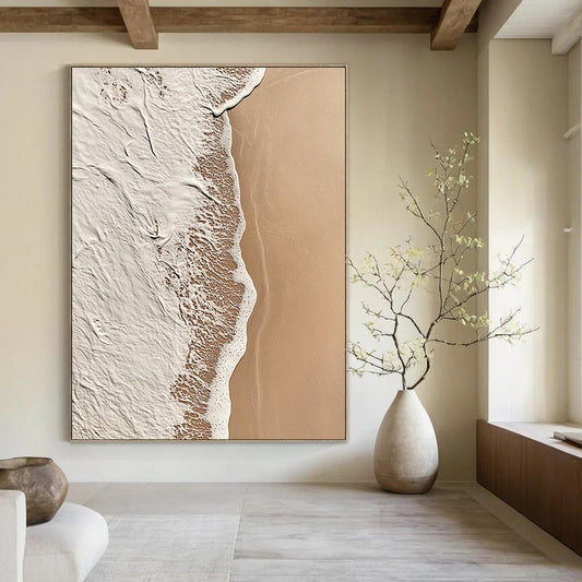 Contemporary abstract art showcasing intricate beige and white patterns blending with solid brown, evoking calmness and natural tranquility. DLZ1182