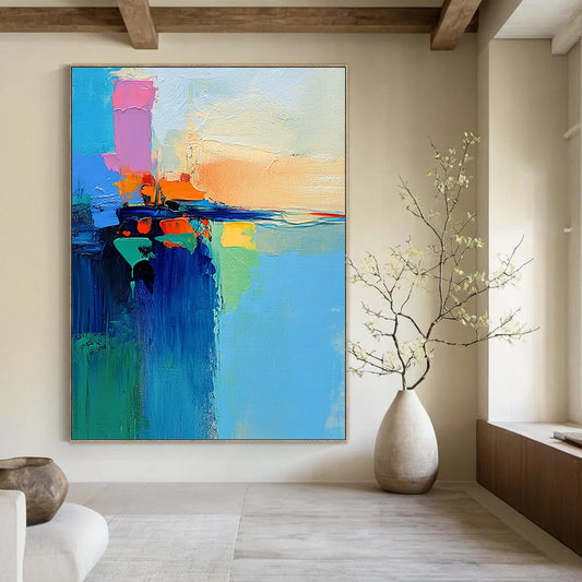 Contemporary abstract art featuring a vibrant lake and sky painted with a palette knife in dynamic brush strokes of blue green orange pink and yellow. DLZ0469