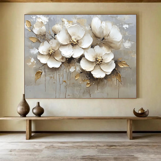 “White Flowers with Gold Accents” - White, Gold, Gray, Textured White Flowers with Gold Details - Impasto Oil Painting HB1784