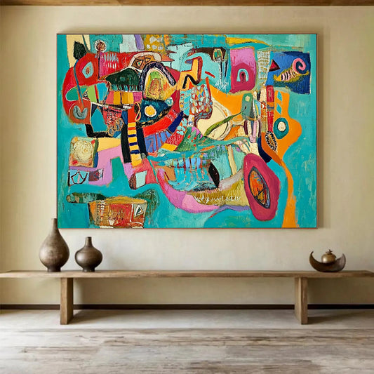 Colorful Turquoise - Based Abstract Collage – Mixed - Media Abstract Shape Painting HB1471