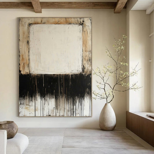 Contemporary large hand-painted abstract artwork featuring mixed media on canvas with thin oil paint lines and a prominent central white square. DLZ0685