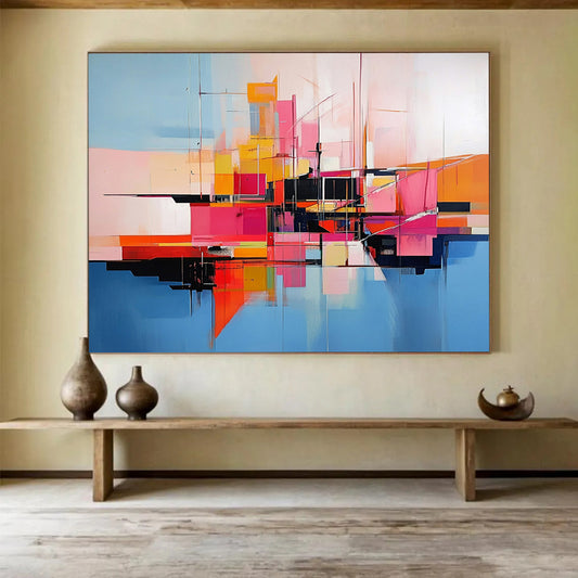 “Abstract Colorful City Geometry” - Colorful, Geometric Urban Shapes, Reflection Painting On Canvas HB0850