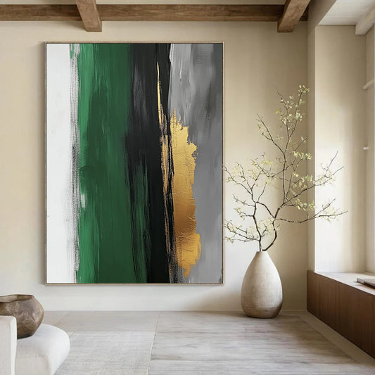 Contemporary abstract artwork featuring a striking dark grey brushstroke on white paper with subtle gold leaf accents and a minimalist design for elegant visual harmony. DLZ1330