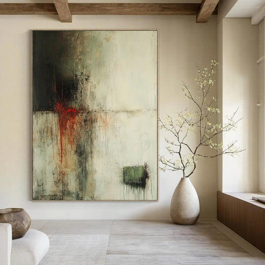 Contemporary hand-painted abstract art featuring faded whites dark browns and vibrant reds with atmospheric effects and soft edges. DLZ0902