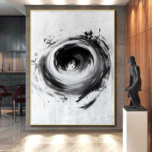 Black and White Swirling Vortex "Cosmic Pull" Painting On Canvas HB261