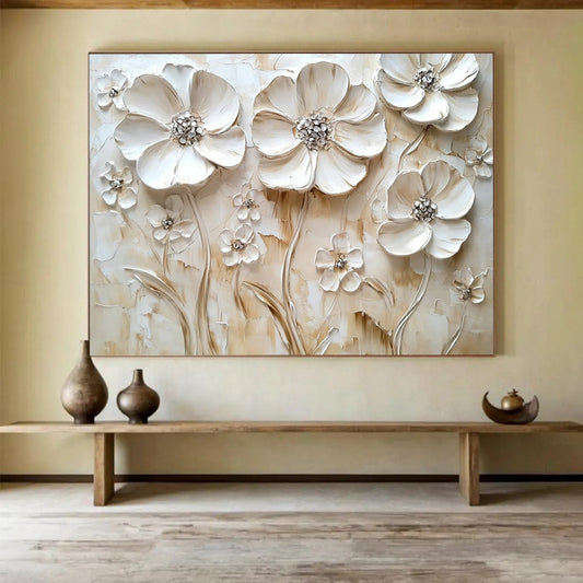 Cream - Colored Floral Relief - Subtle Textured Flower Painting On Canvas HB0430