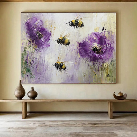 “Buzzing Bees and Purple Poppies” - Purples, Yellows, Blacks, Nature Scene - Textured Oil Painting HB1564
