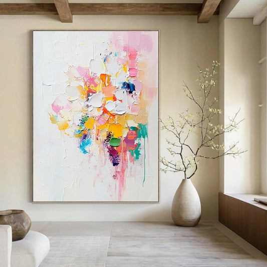 Contemporary hand-painted abstract artwork with white and pastel colors enriched by vibrant accents and thick impasto brushstrokes. DLZ0519