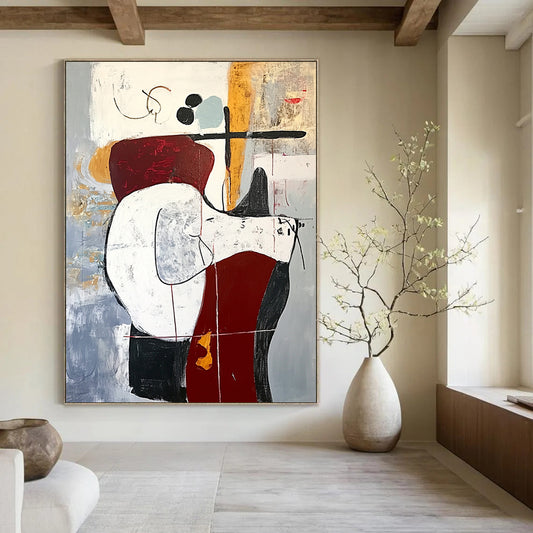 Contemporary abstract artwork featuring an animal on a chair in red and white tones with black lines on a gray background in oil on canvas. DLZ1012