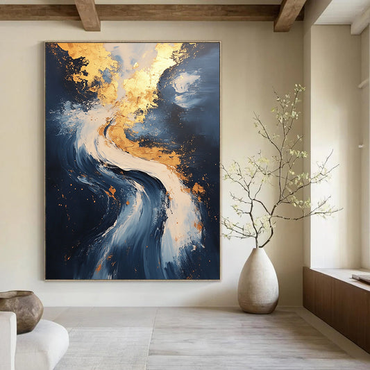 Contemporary abstract painting showcases flowing water and serene clouds with gold leafing and ultra-detailed textures for a captivating experience. DLZ0332