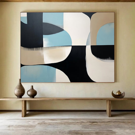 “Curved Geometric Abstract” - Black, white, beige, light blue; Curved geometric abstract shapes; Acrylic Painting On Canvas HB1253