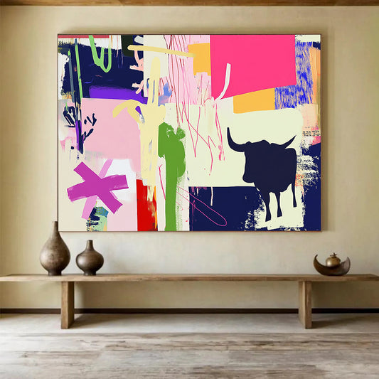 “Colorful Collage with Bull Silhouette” - Colorful Palette, Collage with Bull Shape Painting On Canvas HB0862