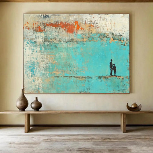 “Father - Child Silhouette in Turquoise - Orange” - Turquoise, Orange, Black with Silhouettes - Painting On Canvas HB1396
