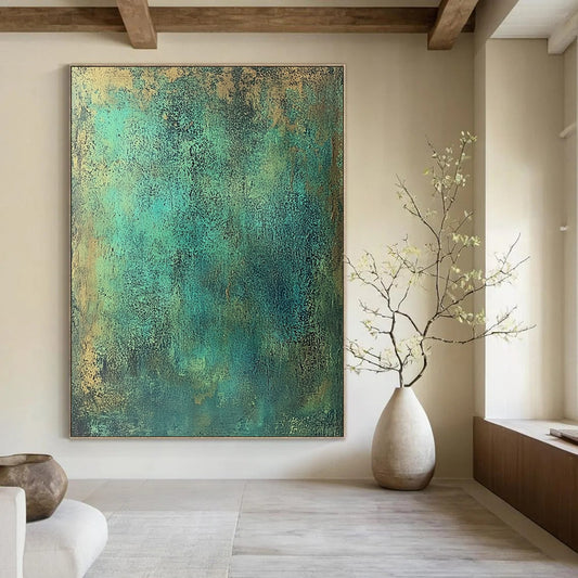 Large contemporary abstract painting featuring textured green metal tones with blue-green and brown speckles evoking strength and history reminiscent of ancient copper armor. DLZ1164