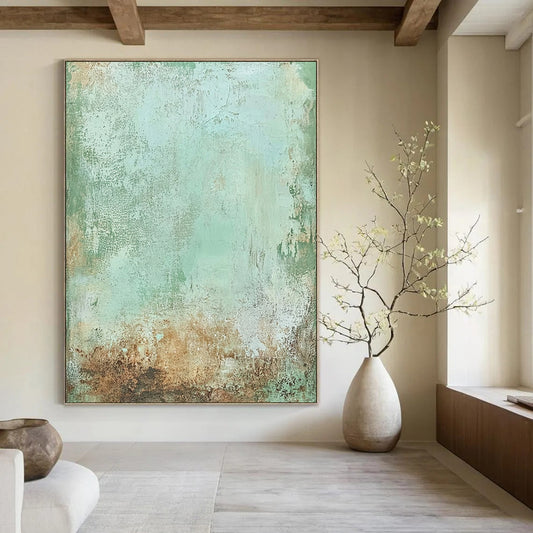 Contemporary hand-painted abstract art featuring soft greens browns and pale blues with rusted metal textures for a rustic elegant backdrop. DLZ1478
