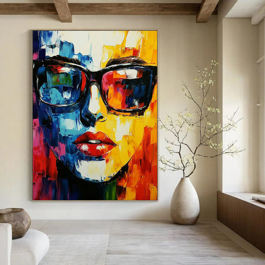 Contemporary abstract artwork featuring a vibrant face with glasses created using a palette knife technique, perfect for modern decor. DLZ0594