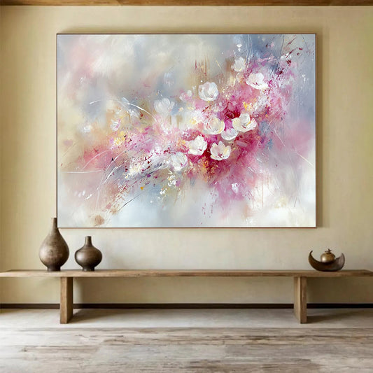 “Blush Floral Burst” - Pink, White, Gray, Abstract Flowers - Oil Painting HB1481