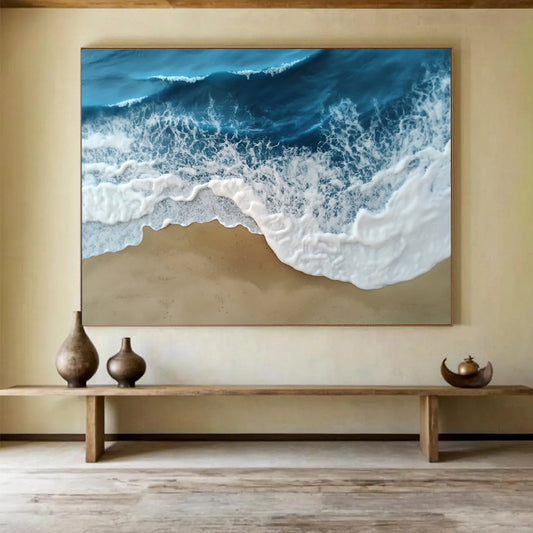 “Textured Ocean Waves” - Blue, White, Beige, 3D - Like Seascape Painting On Canvas HB0688