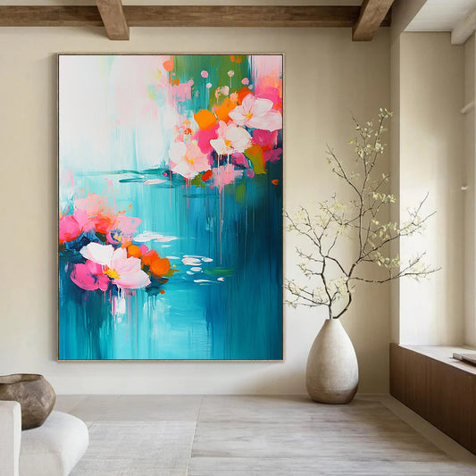 Contemporary abstract artwork featuring vibrant pink and turquoise flowers with serene water lilies, evoking springtime essence through soft brushstrokes and depth. DLZ0378