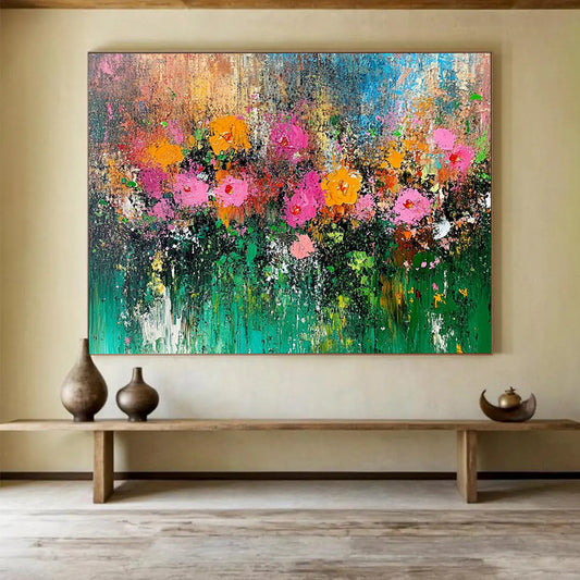 “Wildflower Symphony” - Pink, orange, yellow, green; Thick, textured blooms in a vibrant field; Impasto Floral Oil Painting On Canvas HB1172