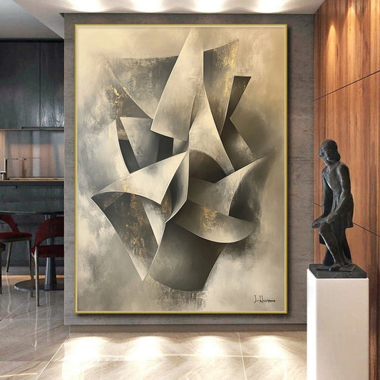 Gray, Silver, Gold and White Geometric Abstraction "Elegant Folds" Painting On Canvas HB394